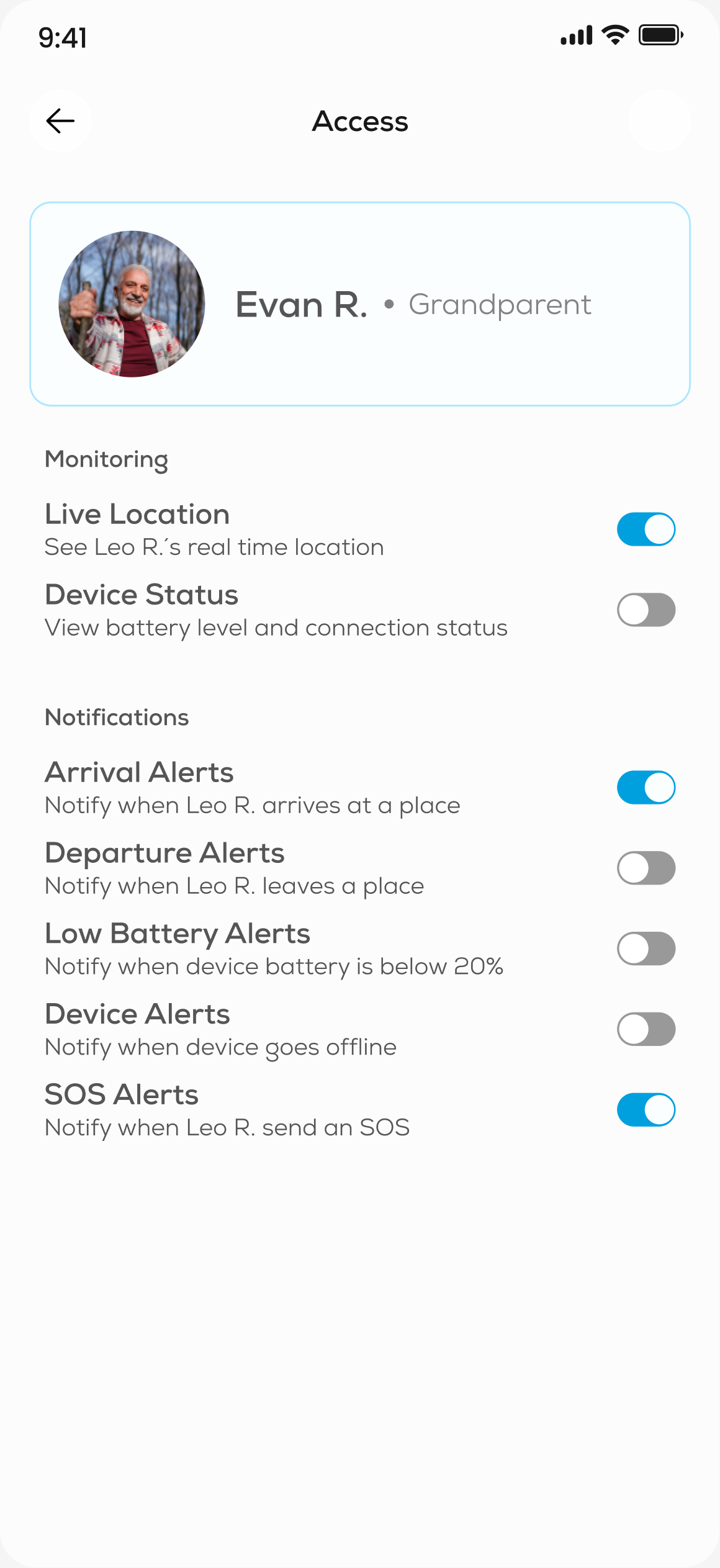 Access settings for Evan R., grandparent: live location, arrival alerts and SOS alerts on; device status and the other alerts off.