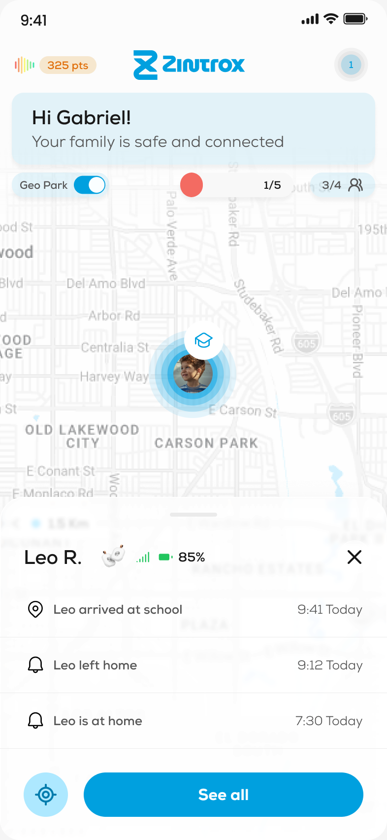 Zintrox app on iPhone: family map with Leo's activity, arrived at school at 9:41 and left home at 9:12