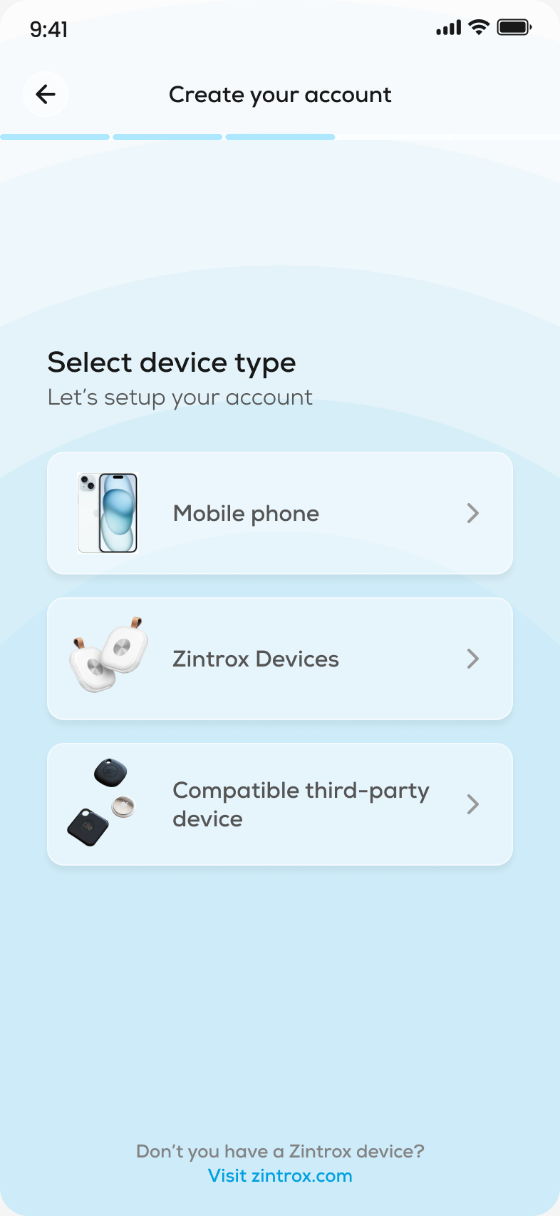 Zintrox setup screen to choose a device: mobile phone, Zintrox devices or a compatible third-party device