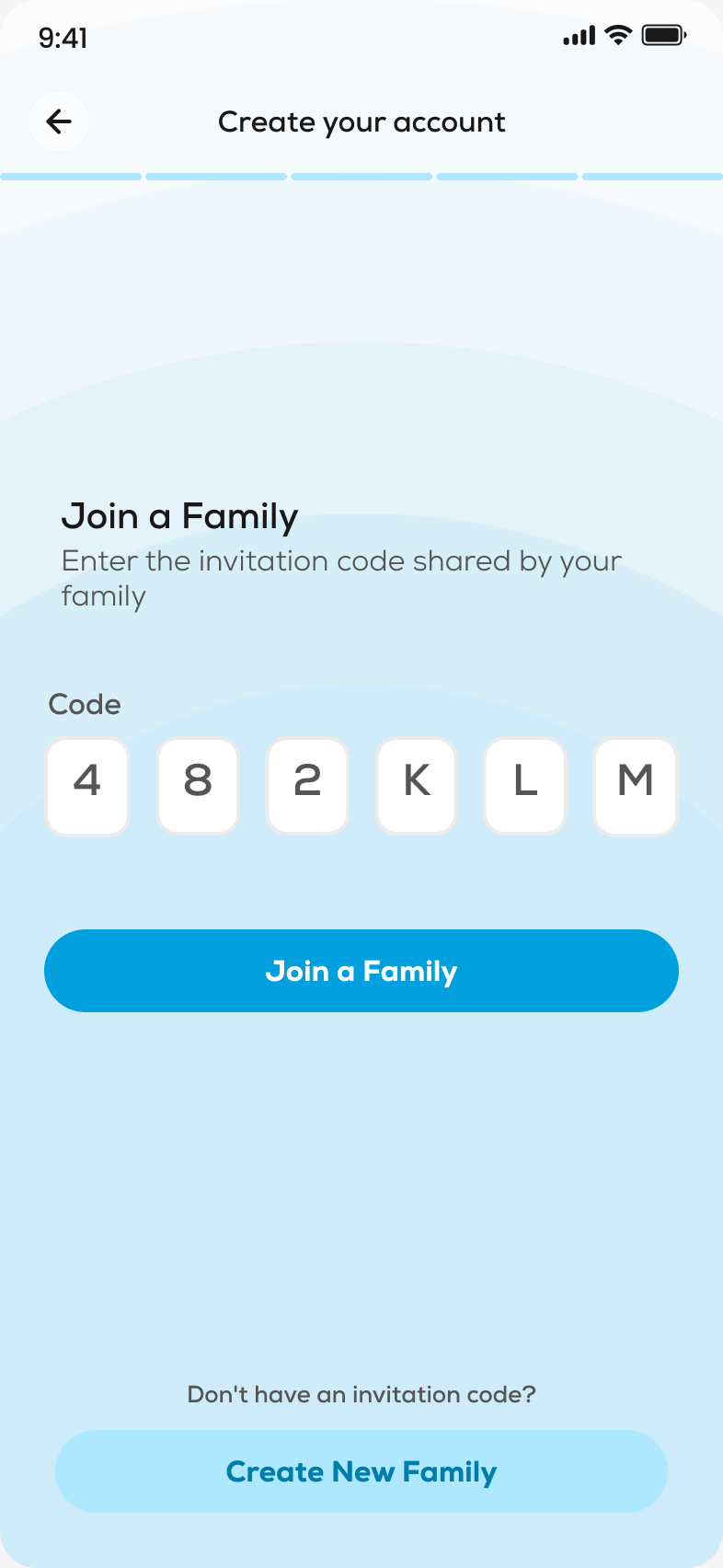 Zintrox Join a Family screen with a six-character invitation code