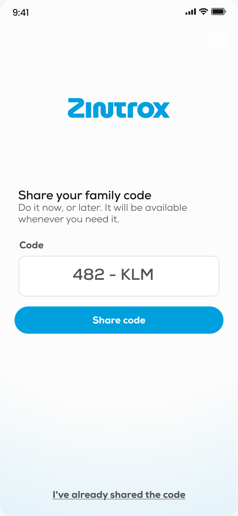 Zintrox setup screen to share your six-character family code