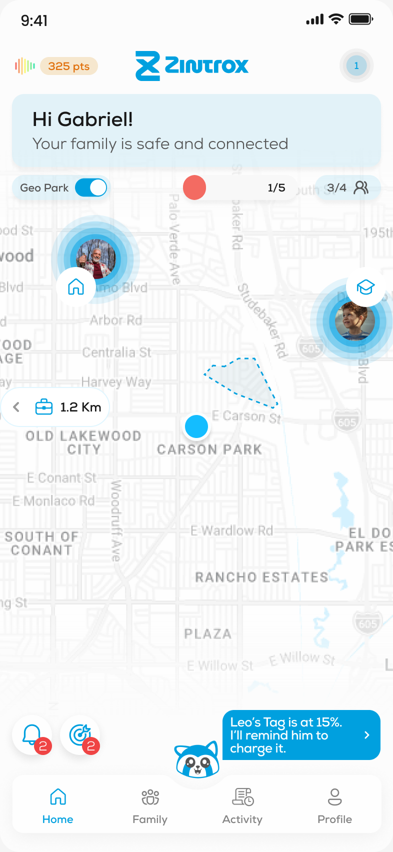 Zintrox family map where Trox, the raccoon assistant, reminds that Leo's Tag is at 15% battery