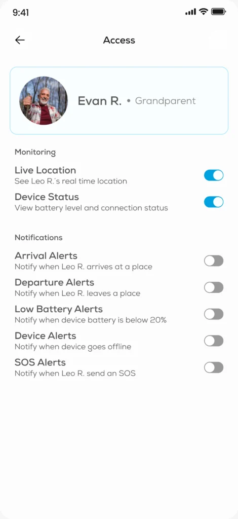 Evan R.’s access in the Zintrox app: live location and device status on, notifications set one by one