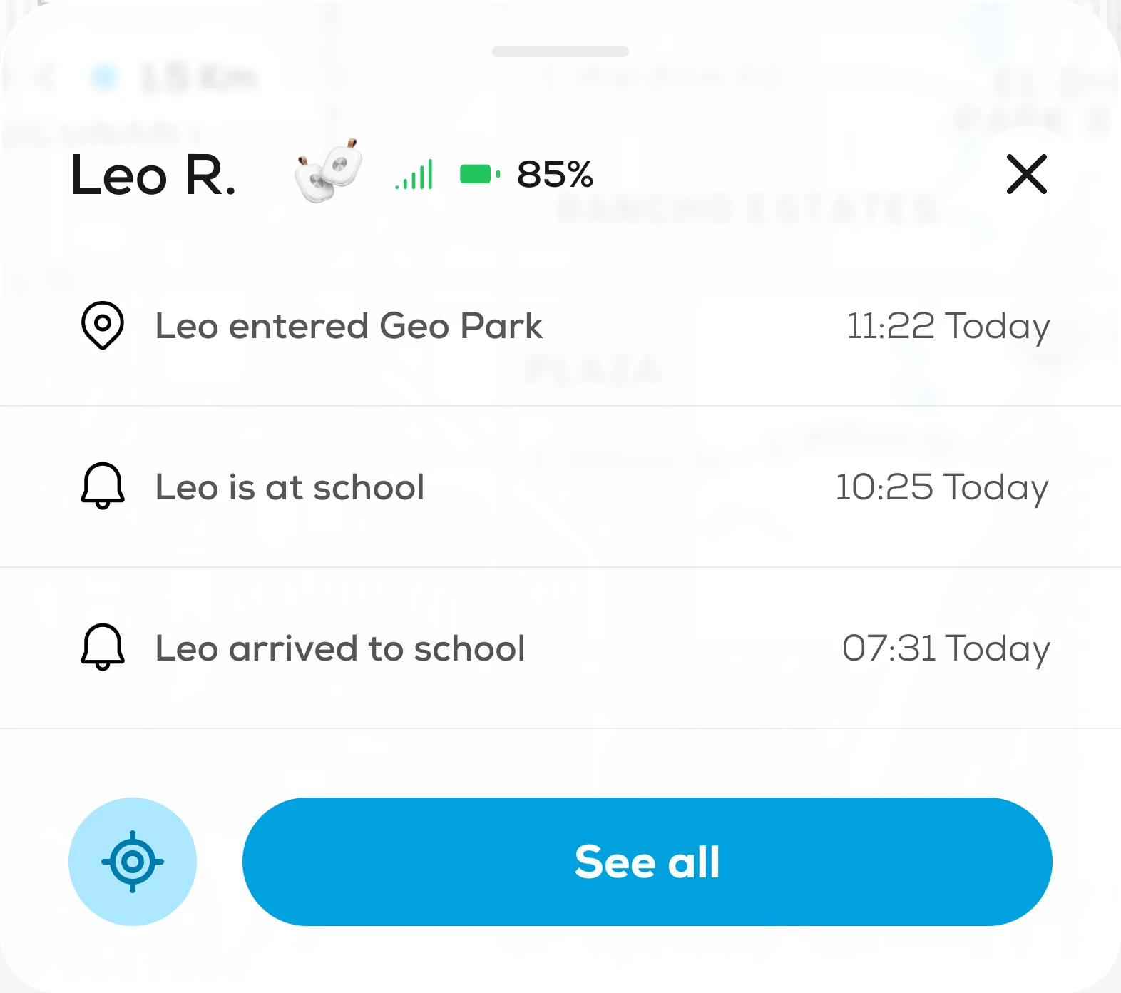 Actividad de Leo en la app Zintrox: entró a Geo Park, está en la escuela y llegó a la escuela, con la hora de cada evento