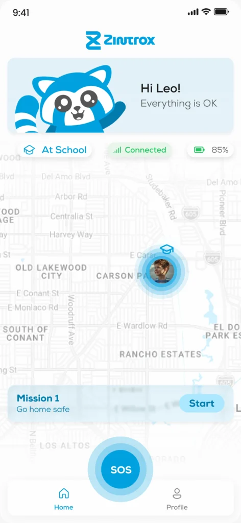 Kids Mode in the Zintrox app: Trox greets Leo, with the Go home safe mission and the SOS button